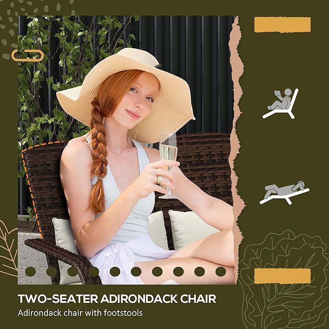 Outsunny Wicker Adirondack Chair for 2 with Cushions & Footrests, PE Rattan Double Chaise Lounge Chair, Fire Pit Chair for Porch with High-Back, Wide Armrests, Cream White