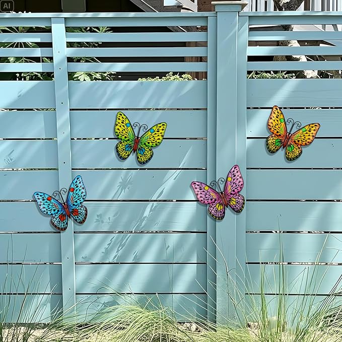 HKKDKTA Metal Butterfly Wall Decor, 4 Pack Outdoor Metal Wall Art Butterfly Decorations for Backyard Patio Fence Garden Balcony