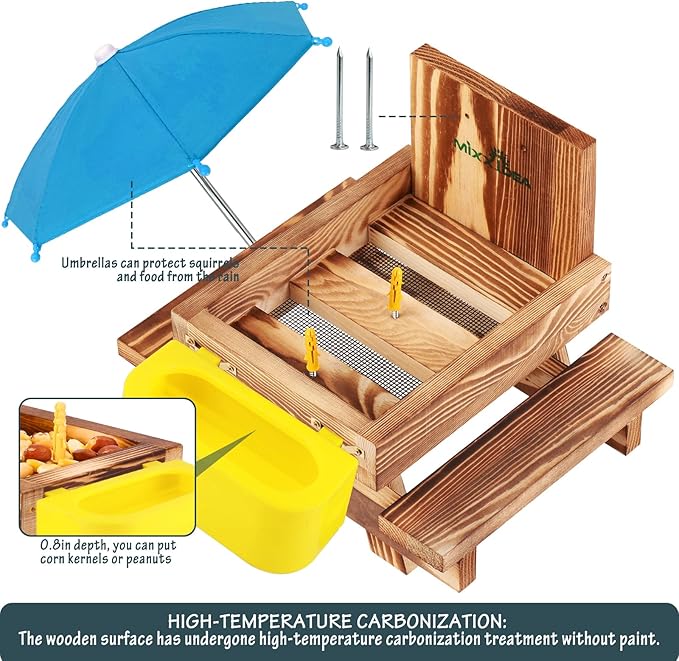 MIXXIDEA Wooden Squirrel Feeder Table with Water Bowl, Squirrel Picnic Table for Outside with Umbrella, Brown Squirrel Feeder with Corn Cob Holder Cute Chipmunk Feeder (Blue)