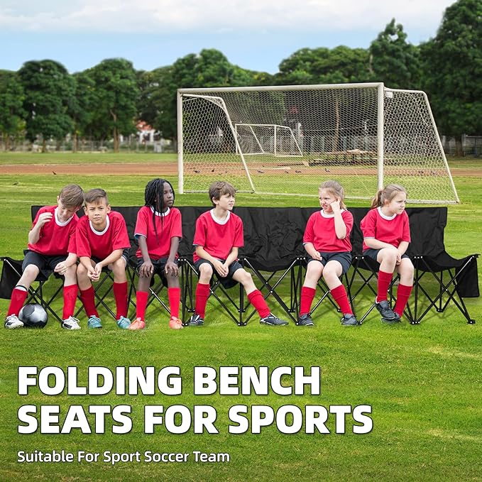 G GOOD GAIN Portable Soccer Bench - Team Bench Soccer 8 Seats with Bag, Sideline Folding Bench, Folded Chair Seating 8 for Football Camp Outdoor Sport Events, Team Chairs for Adults, Black