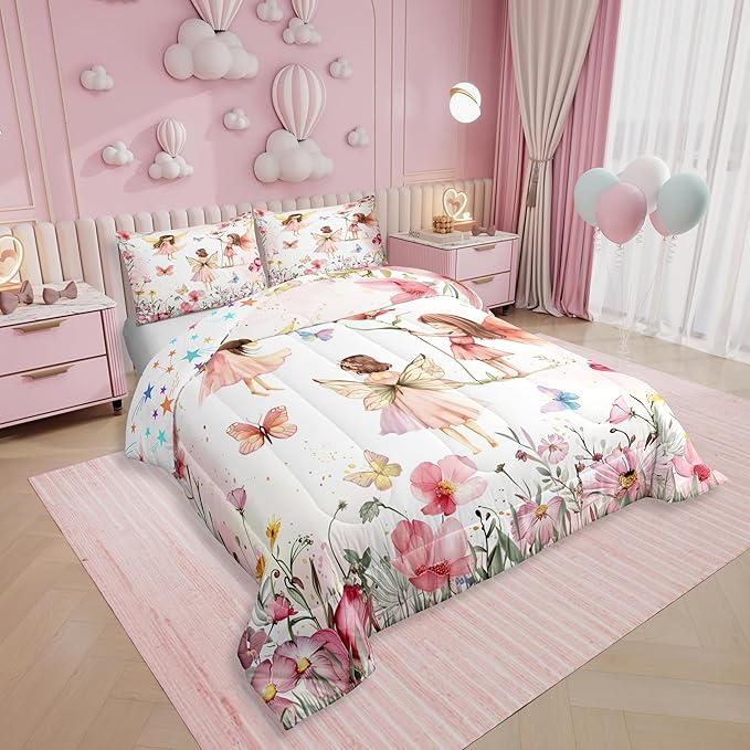 Erosebridal Dreamy Fairy Full Bedding Set,Pink Fairy Garden Comforter Set for Girls Kids,Cute Floral Butterfly Comforter,Princess Girly Coquette Bedroom Room Decor,2 Pillowcases Breathable