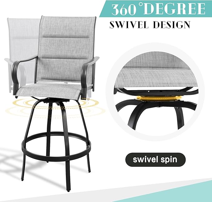 Vongrasig 6 Piece Outdoor Patio Swivel Bar Chairs, All Weather Padded Sling Textile High Top Bar Stools, Bistro Set for Backyard, Lawn Garden, Balcony, Padded Light Grey
