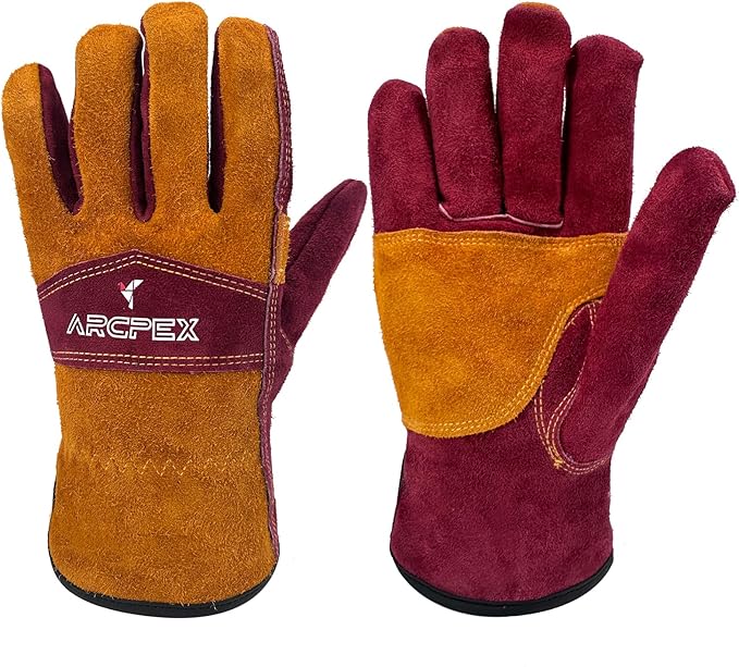 10IN Leather Work Gloves, Heavy-Duty Welding Gloves for MIG TIG Welding, Gardening, Construction, Farm, Wood Chopping Cowhide with Cotton Liner Safety Thorn Proof Gloves Hand Protection(Large)