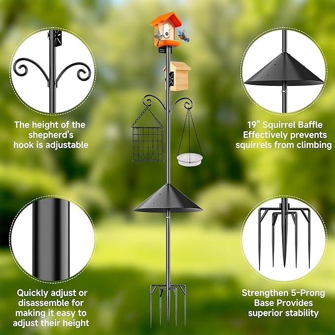Smart Bird Feeder Pole Stand with Proof Squirrel Baffle - Dia 1 Inch Bird House Pole Mount 79", Double Shepherds Hooks Component, Install 2 Bird Houses, Feeding Station for Outdoors Heavy Duty
