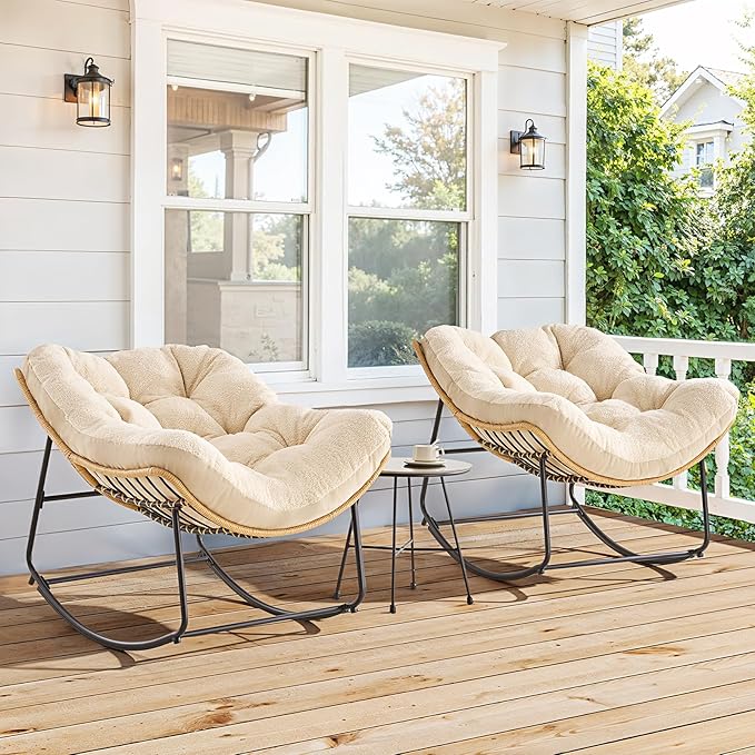 ONBRILL Outdoor Rocking Chairs, Oversized Papasan Rocking Chair Indoors with Padded Cushions, Rattan Wicker Lounge Chair for Living Room, Porch, Patio, Garden, Beige