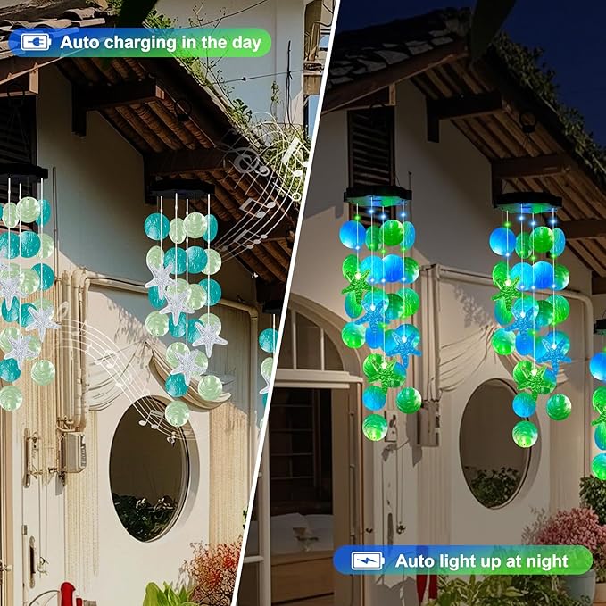Solar Starfish Wind Chimes for Outside Mobile Shells Wind Chimes Hanging Decorative Lights for Holiday Garden Porch Yard Window Party Outdoor Decor, Gift for Mom Grandma Wife Girlfriend Neighbors