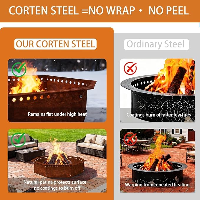Heavy Duty Smokeless Fire Ring – 40 inch Outer/36 inch Inner Large Detachable & Portable Corten Steel Fire Pit Ring for Outdoor Camping & Bonfires – DECOROCA