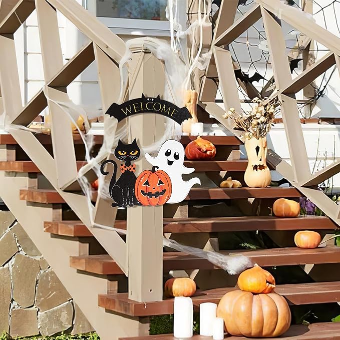 Halloween Decoration Wooden Ghost Door Halloween Wreath for Front Door Sign Wall Signs Decor, Pumpkin Black Cat Wreaths Sign Hanging for Home Wall Decor Outdoor Indoor Farmhouse Party Supply