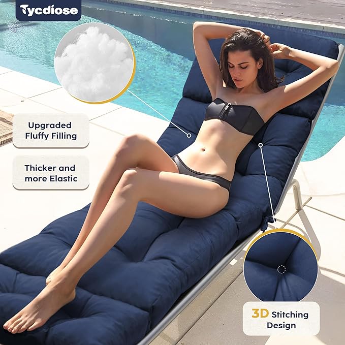 Outdoor Chaise Lounge Chair Cushion Set of 4, Thickened 74.4 x 22 x 4.7 Inches Memory Foam Waterproof Lounge Chair Cushions Replacement for Outdoor Furniture with Ties, Blue