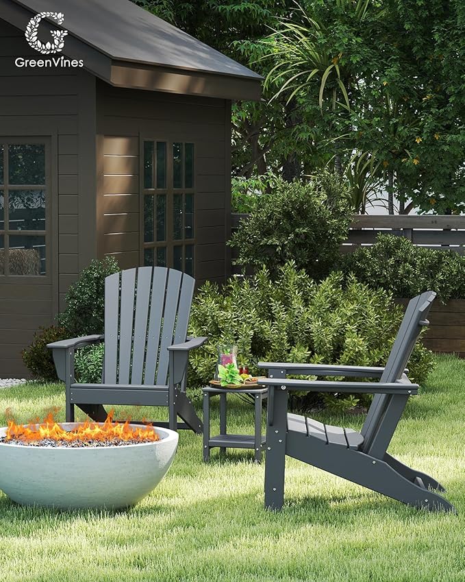 GREENVINES Adirondack Chairs Set of 2 | HDPE Plastic | Oversized Fire Pit Chair | All Weather | Grey | Poly Lumber | for Outdoor Deck Backyard Patio