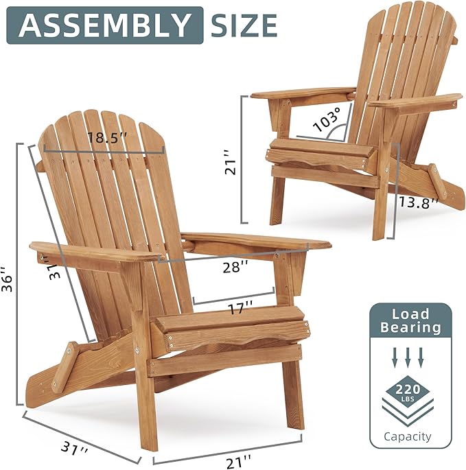 Wooden Folding Adirondack Chair Set of 2, Half Pre-Assembled Wood Lounge Chair for Outdoor Patio Garden Lawn Backyard Deck Pool Beach Firepit Light Brown