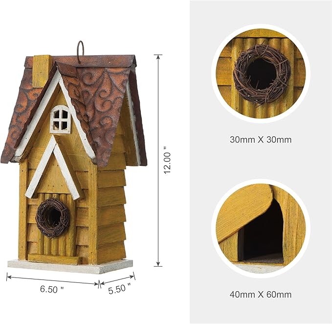 Glitzhome GH90085 Hanging Distressed Wooden Garden Cottage Birdhouse, Yellow