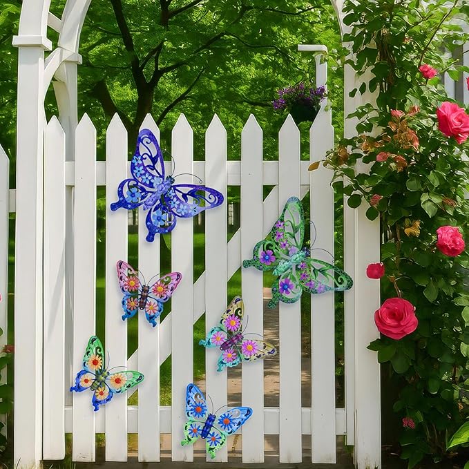 SUNREEK 6Pcs Metal Butterfly Wall Decor, 14Inch/9Inch Outdoor Butterfly Wall Art for Fence Garden Yard Room Patio Balcony Decorations