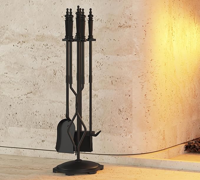 Kingson Fireplace Tools Set 5 Pieces Black Wrought Iron Fire Tool Set for Outdoor/Indoor Include Poker Shovel Brush Tongs and Stand Accessories Set