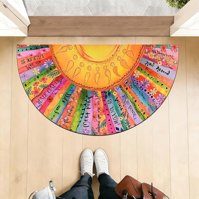 Likiyol Sun Door Mat Indoor Entrance, Inspirational Quotes Welcome Mat Half Circle Front Door Mats, Colorful Floral Non Slip Boho Doormat Outdoor Indoor Entrance, Low Profile, Absorbent, 18" x 30"