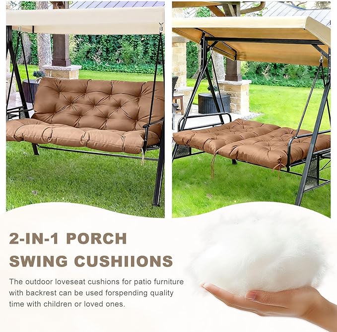 Porch Swing Cushion with Backrest,Waterproof Bench Cushion for Outdoor Furniture,2-3 Seater Replacement Thickened swing cushion with Ties,Patio,Outdoor,Backyard and Garden (Light Coffee,47x40")
