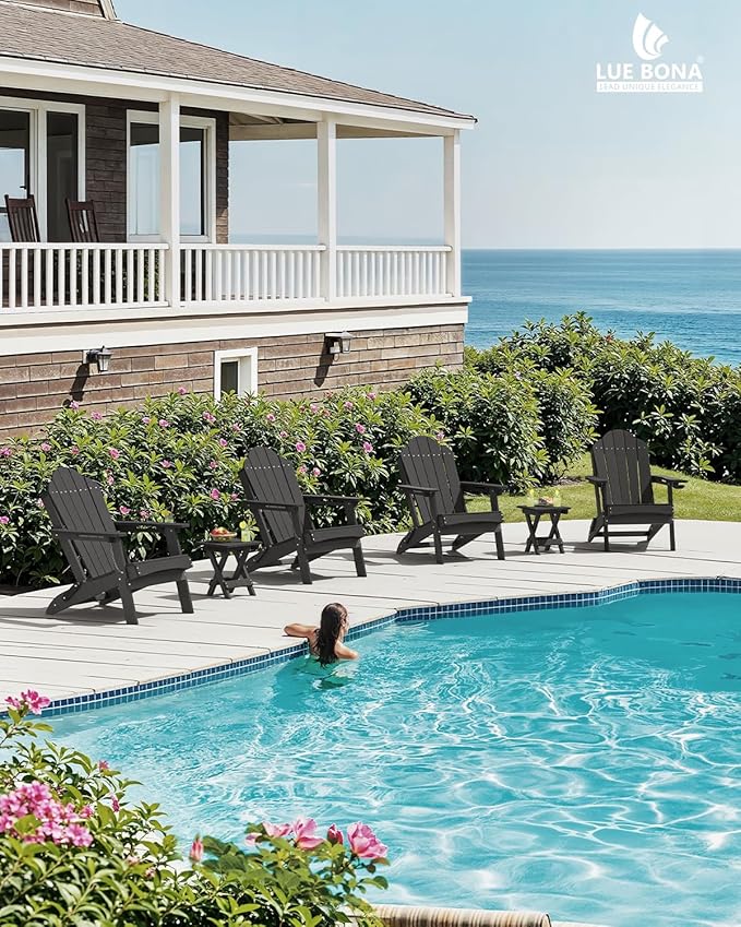 LUE BONA Folding Adirondack Chair, Chairs Set of 6, Cup Holder, Woodgrain, Fire Pit, Patio, Pool, Black
