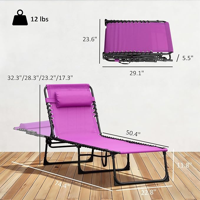 Outsunny Folding Chaise Lounge Chair, Patio Sun Tanning Chair, Outdoor Chaise Lounger with 4-Position Reclining Back, Breathable Mesh Seat for Beach, Poolside, Yard, Purple