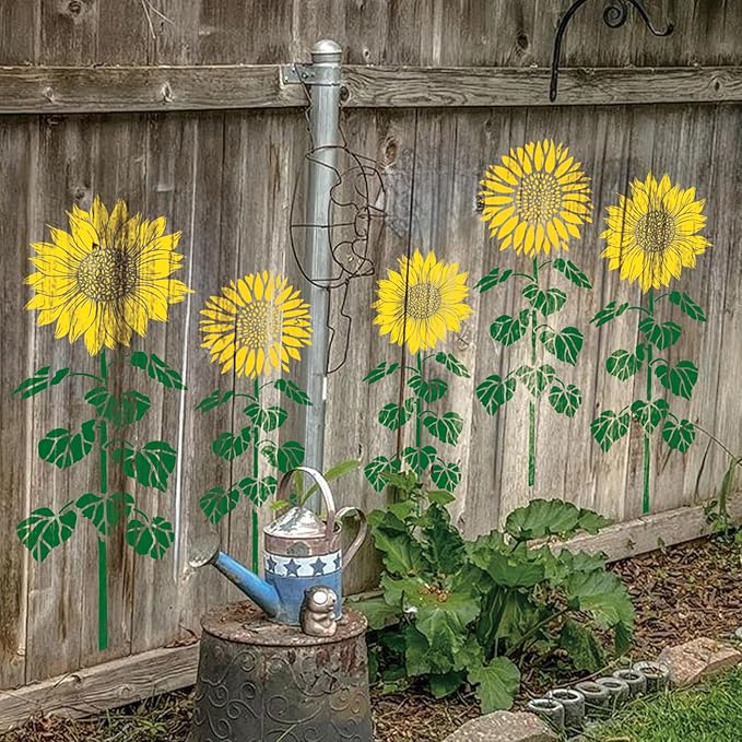 Large Sunflower Fence Stencil for Painting on Fences Wood Reusable Tall Blooming Flower Stencils Kit Garden Fence Flower Templates for Outside Mural Walls Crafts Canvas (Sunflower 8pcs)