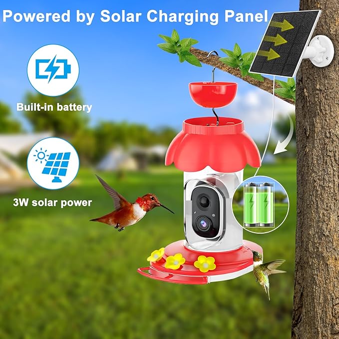 Hummingbird Feeder with Camera, Smart Hummingbird Feeder Camera Solar Powered with AI Identify, Auto Capture Bird Videos & Motion Detection, Ideal Gift for Bird Lovers
