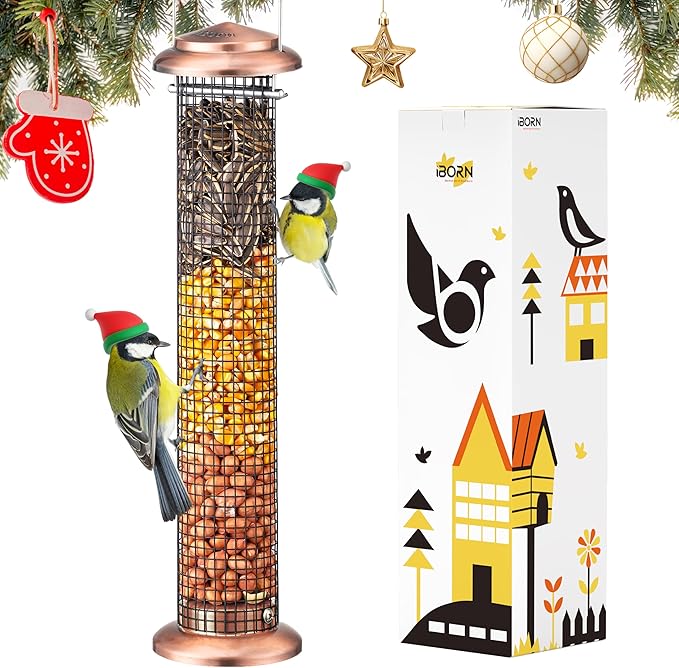 iBorn Metal Peanut Bird Feeders for Outdoors - 14" Peanut & Sunflower Seed Feeder, Hanging Metal Mesh Mixed Seed Bird Feeder with Easy-Clean Design for Woodpeckers, Jays, Titmice,Copper
