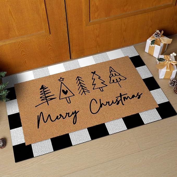 Tinideya 2 Pcs Merry Christmas Door Mat Xmas Tree Welcome Non Slip Coir Mats Heart Xmas Black White Buffalo Plaid Floor Layering Doormats Seasonal for Front Porch Entryway Decor(Christmas)