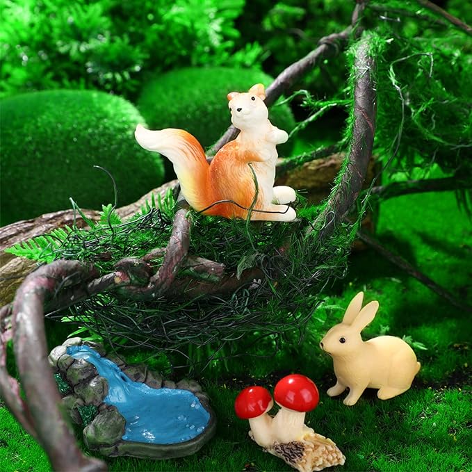Roowest 19 Pcs Miniatures Garden Fairies Kit Garden Accessories Miniatures Bunny Squirrel Owl Animals Cute Tiny Mushroom Mini Pond Bridge Figurine for DIY Home Micro Landscape Terrarium Ornaments