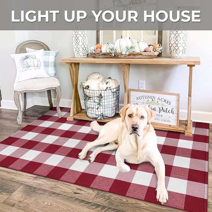 IOHOUZE Christmas Buffalo Plaid Rug 3x5 Ft Outdoor Indoor Doormat Red White Check Washable Area Rug Woven Cotton Checkered Front Porch Mat Christmas Decor for Front Door Entryway Living Room