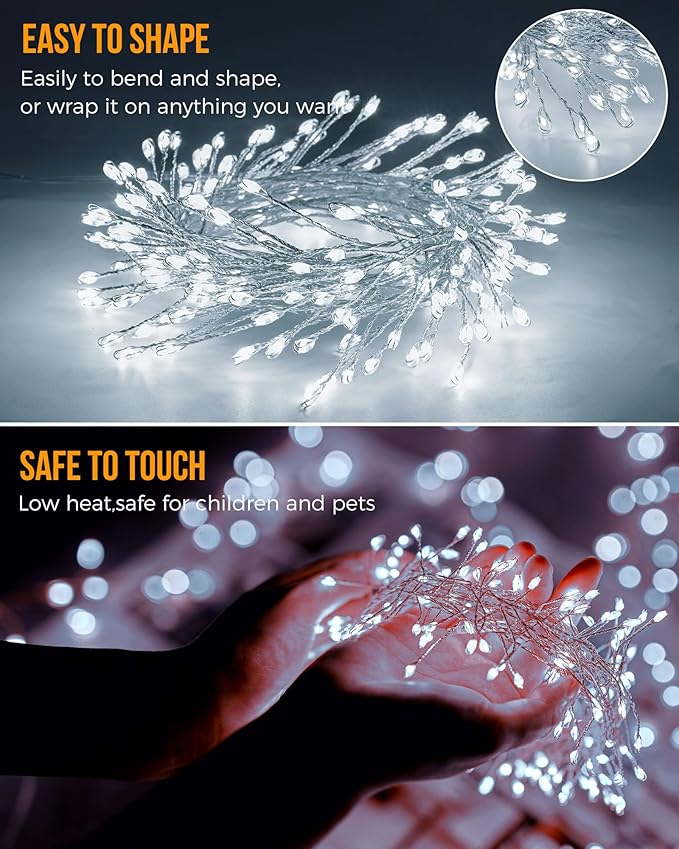 Fairy Lights Battery Operated, 10Feet 120LEDs Firecracker String Lights Waterproof Silver Wire Starry Firefly Light for DIY Wreath Home Weeding Indoor Outdoor Christmas Decorations, Pure White