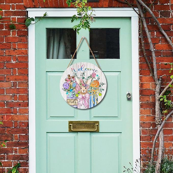 Welcome Easter Bunny Eggs Door Sign For Front Door Decor,Mason Jar Tulip Religious Cross Rabbit Carrot Wooden Sign 12"x 12" Round Easter Hanging Door Sign Decoration for Wall Rustic Decor