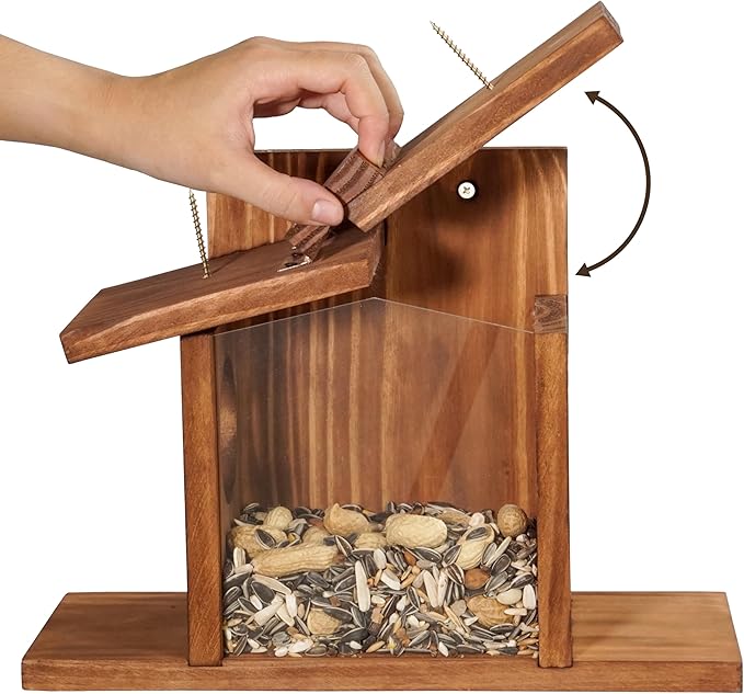 MIXUMON Wood Squirrel Feeder, Squirrel Feeders for Outside Winter, Wooden Chipmunk Feeder for Corn, Peanuts, Durable Box Easy to Fill with Removable Front Panel (Style 2)
