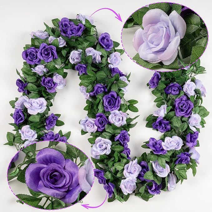 2 Pack 16FT Artificial Rose Garland - Dual Tone Light/Dark Purple Silk Flower Vines for Wedding Arch, Mother's Day, Home Office Décor (32 Roses)