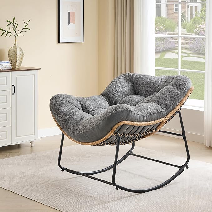ONBRILL Outdoor Rocking Chairs, Oversized Papasan Rocking Chair Indoors with Padded Cushions, Rattan Wicker Lounge Chair for Living Room, Porch, Patio, Garden, Grey