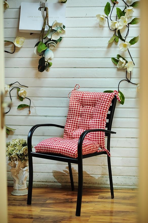 Outdoor Patio Cushion, Rocking Chair Cushion, Tufted Pads, Set of Upper and Lower with Ties Pack of 2 (2 Sets) - Back 20"×17", Seat 17"×17" (Red Houndstooth)