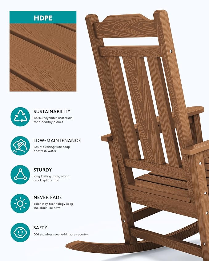 SERWALL Oversized Rocking Chair Set of 4 Outdoor, HDPE Outdoor Rocking Chair Set of 4, Brown