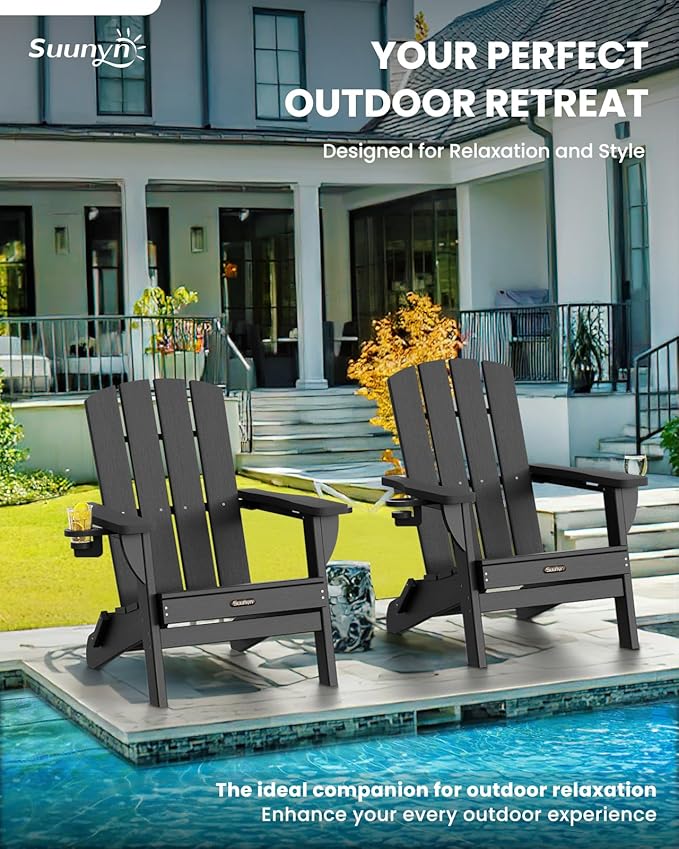 Folding Adirondack Chair 6 Pack, HDPE All-Weather Fire Pit Chairs, Plastic Adirondack Chairs with 2 Cup Holder, Outdoor Lawn Chair for Patio Garden (Black)