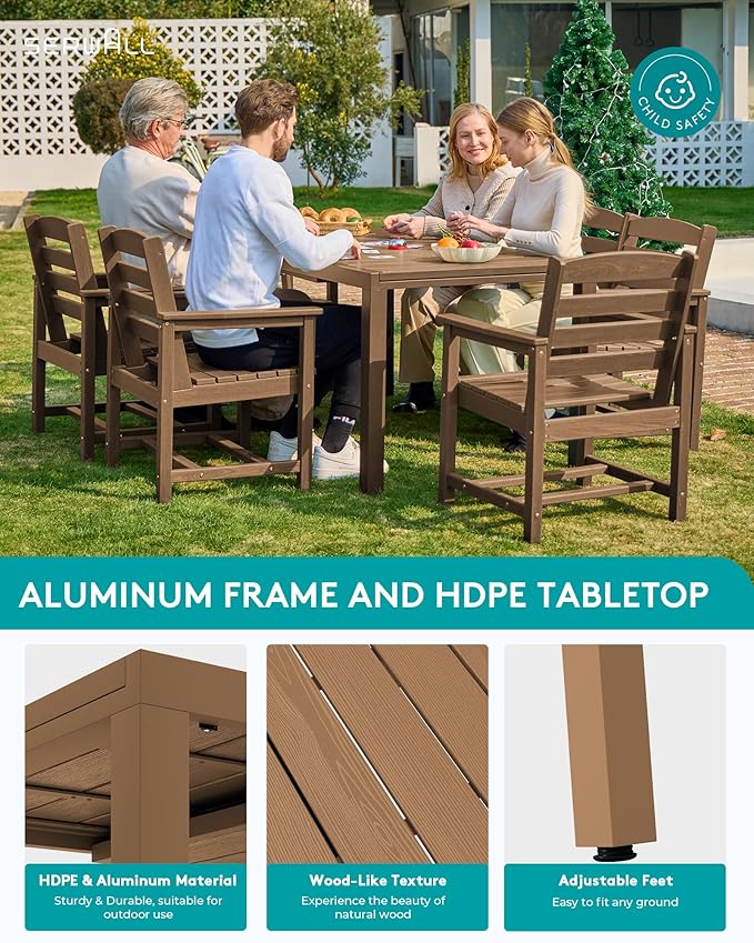 SERWALL 5-Piece Outdoor Table and Chairs, 60" - 83" Expandable Outdoor Dining Table with Aluminum Frame & HDPE Tabletop, All Weather HDPE Patio Furniture Set for Backyard, Garden, Brown