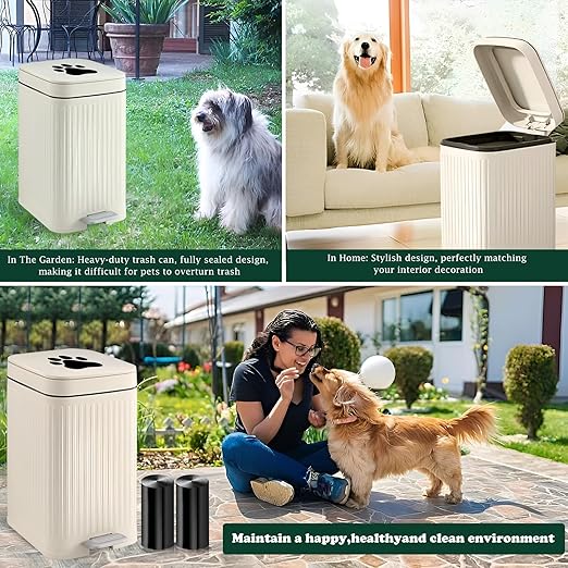 Dog Poop Trash Can Outside, 5L/1.3 Gal Pet Poop Bucket with Lid, Foot Pedal, Dog Waste Container with 40 Bags, Lid Soft Close for Pet, White