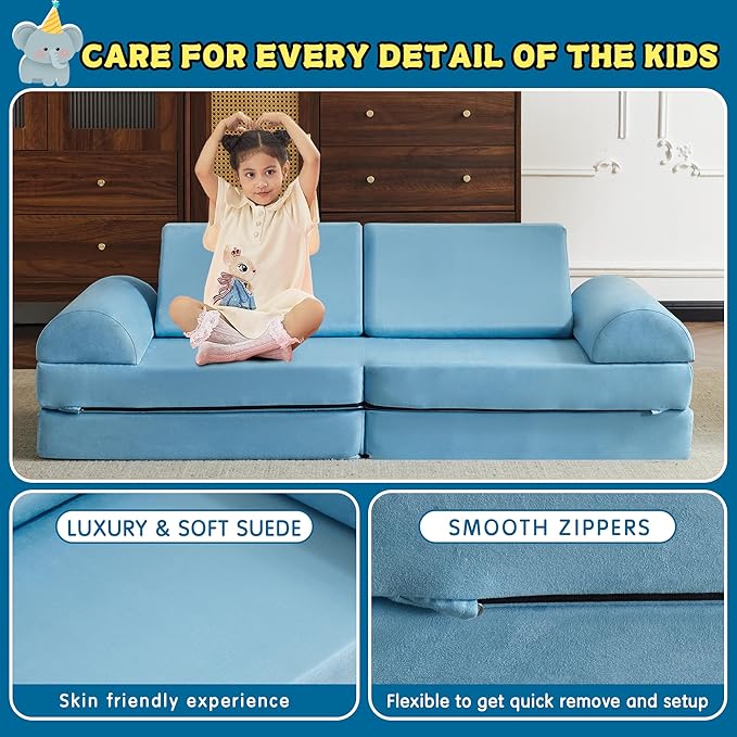 jela Kids Couch Safety Certified Play Couch Soft Kids Sofa with Machine Washable Cover Thick Foam Fort Building Set for Playroom Indoor (57"x28"x18", Baby Blue)