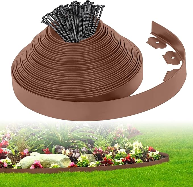 2-Inch x 50 FT Landscape Edging Border with 75 Spikes, Garden Edging Lawn Border Kit, Plastic Edging Border Flexible for Garden Flower Beds Lawn Yard Pathway (Brown)