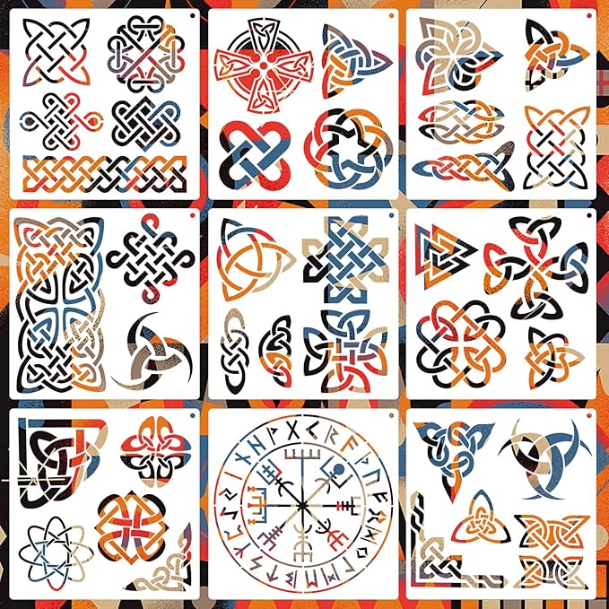 9 PCS Runes Stencils for Painting on Wood Stones, Reusable Celtic Border Ancient Viking Symbol Template for Crafts Canvas Furniture Wall Floor Drawing Card Making Pattern Decorative 7.9 x 7.9 Inch