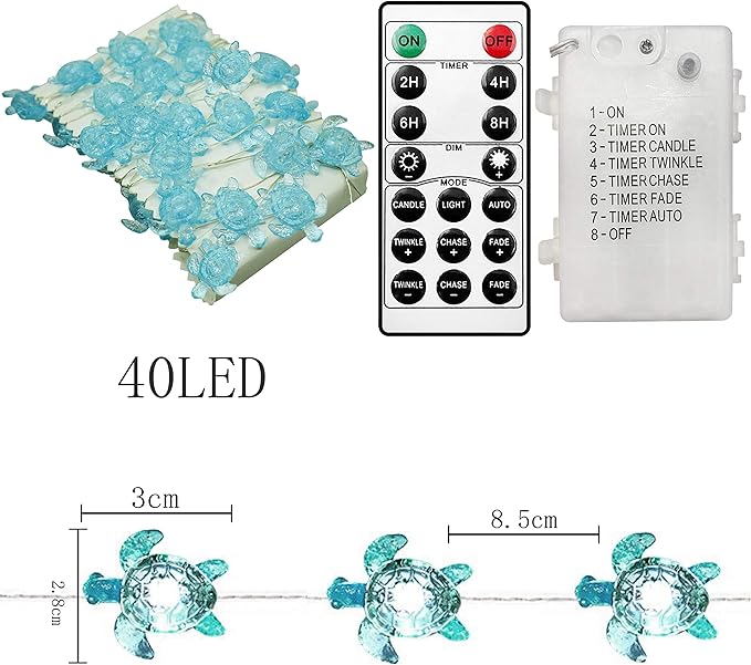 Decorman Sea Turtle Decorative String Lights, 14ft 40 LED 8 Modes Cool White Weatherproof Battery Operated Ocean Theme Lights for Bedrooms Parties Weddings Gardens with Remote and Timer
