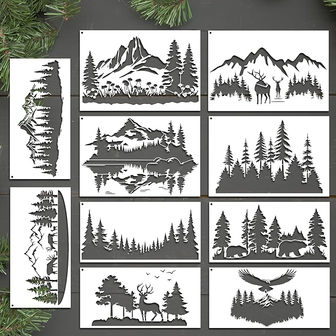 Forest Stencils for Painting on Wood - Reusable Reindeer Mountain Scenery Stencils for Crafts Decorating Wall Fence Door Garden Fabric