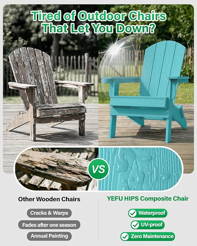 YEFU Adirondack Chair, Oversized Plastic Adirondack Chair Folding Outdoor Chairs with Cup Holder, Lawn Chair with Weather Resistant for Outside Deck Lawn Garden, Weight Capacity Up to 400 Lbs –Aruba