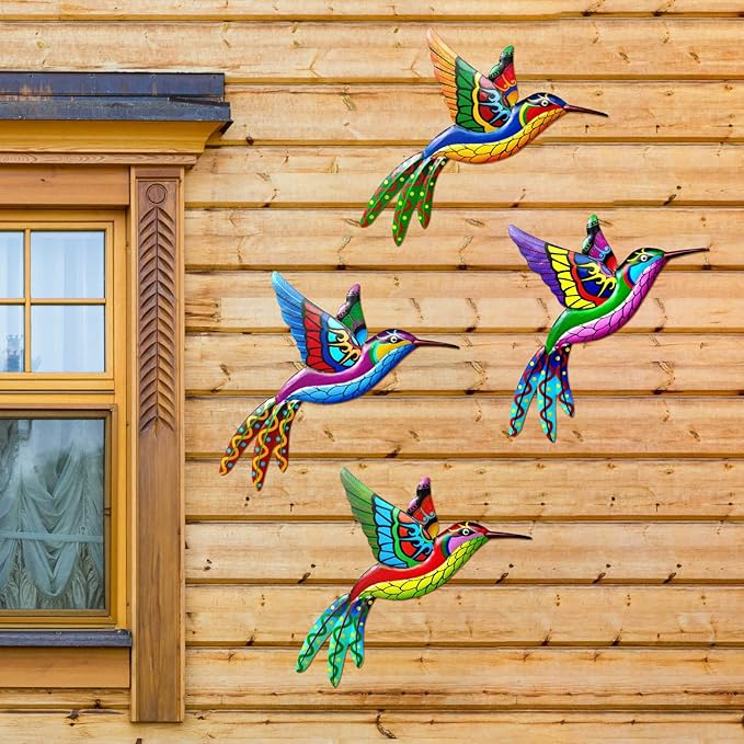 ZYP Metal Outdoor Wall Art Decor,3D Colorful Garden Birds Sculpture Outdoor Iron Hanging Decor Ornaments, Metal Hand-Made Bird Wall Art Decorations for Fence Patio Balcony Living Room,Hummingbird