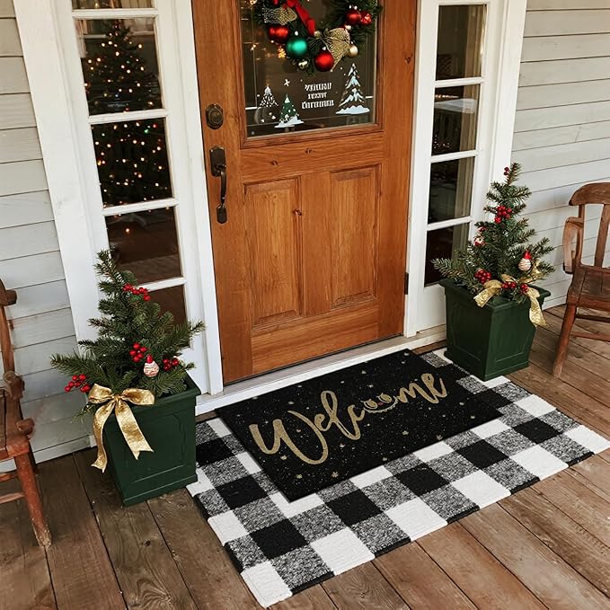 Welcome Mat Front Door Mat Indoor Outside Entrance, Absorbent Heavy Duty Doormat with Non Slip Backing Entryway Rug for Front Back Door, 17" x 30", Black