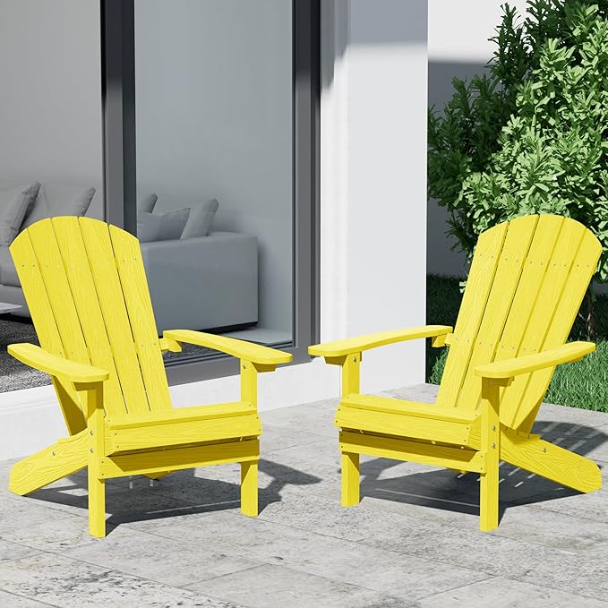 YEFU Adirondack Chairs Set of 2: Plastic Adirondack Chairs - Patio Chairs with Wood Texture - Outdoor Chair HIPS - Lawn Fire Pit Deck Porch Garden Chairs for Adults (Yellow)