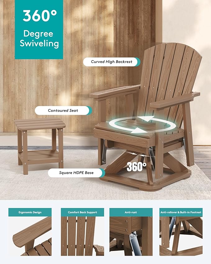 SERWALL Adirondack Swivel Glider, HDPE Glider for Outdoor, All-Weather Glider Rocking Chair for Porch, Balcony, Brown