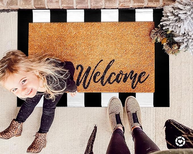KOZYFLY Black and White Striped Rug Doormat 23.5' x 35.4' Cotton Woven Washable Black Indoor Outdoor Rugs for Layered Door Mats Porch/Kitchen/Farmhouse
