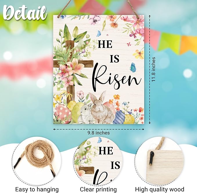 Easter Welcome Sign for Front Door, He is Risen Easter Door Sign Decor, Spring Cross Rectangle Wood Sign Hanger for Outdoor Farmhouse Garden Porch Home - C02